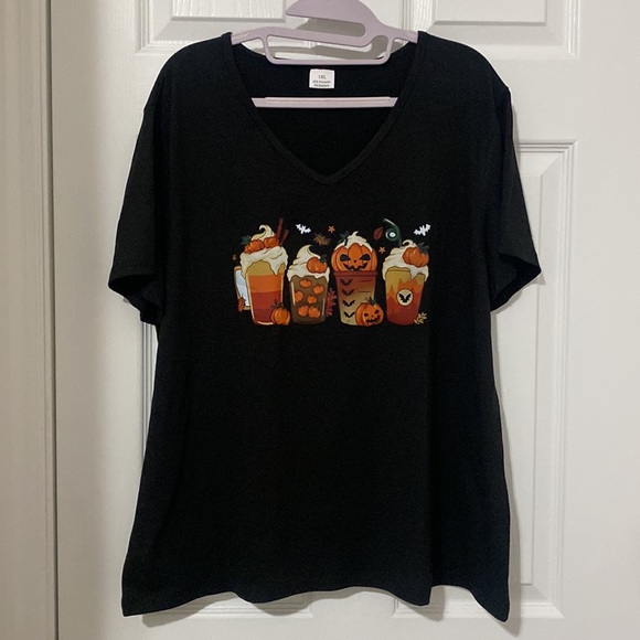 Plus Size Halloween Pumpkin and Bats Coffee Cup Graphic V Neck Tee - Picture 3 of 8